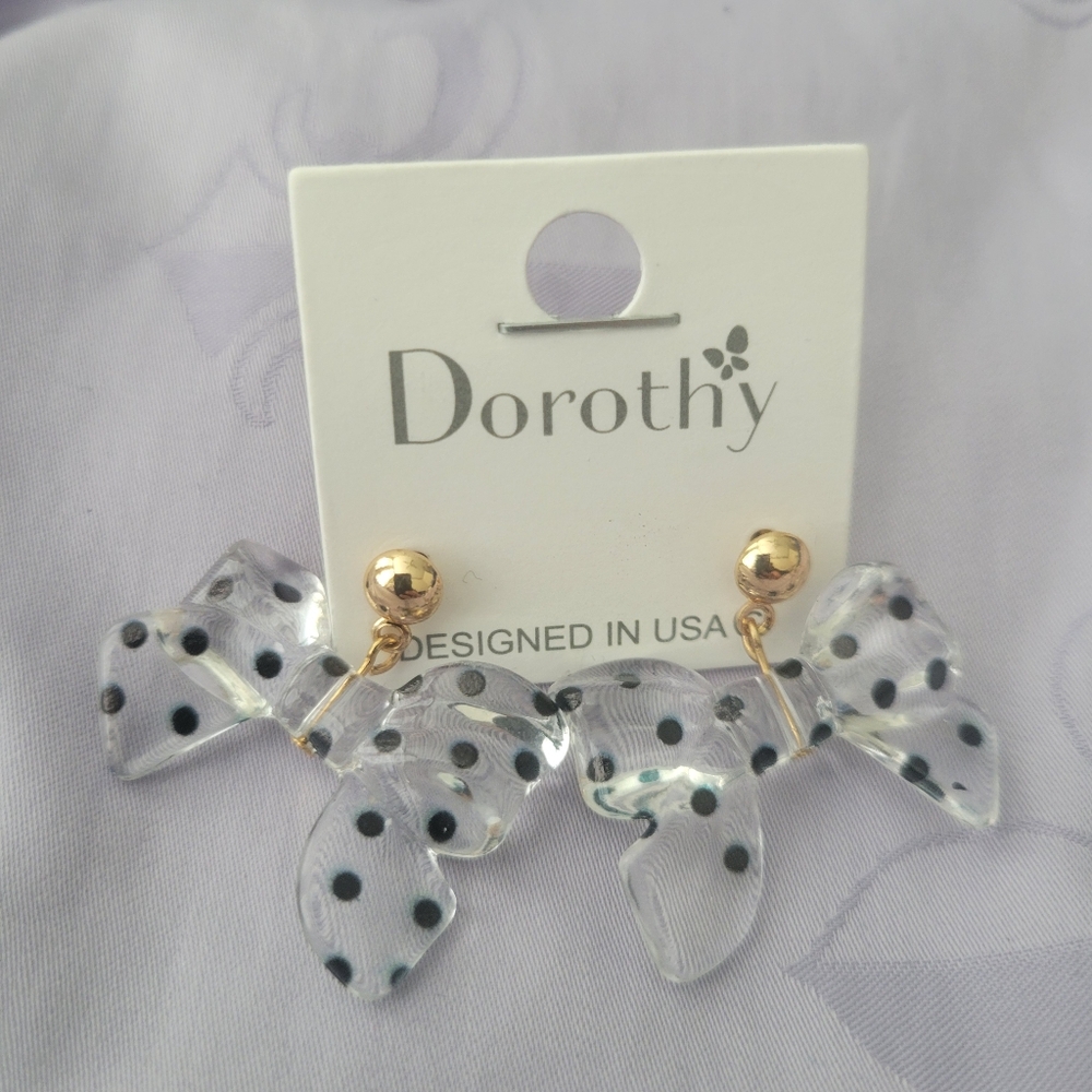 Lucite Polka Dot Bow Earrings - Picture 3 of 5